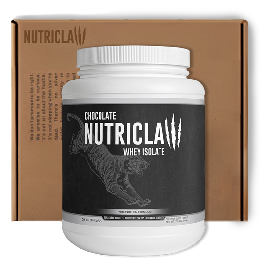NutriClaw Chocolate Whey Isolate protein powder in a sleek container, showcasing its rich chocolate flavor and highlighting key benefits such as 27g of premium whey protein, muscle recovery, and a soy-free, gluten-free formula. NutriClaw Isolate whey, whey cocolate whey nutriclaw nutri claw whey isolate