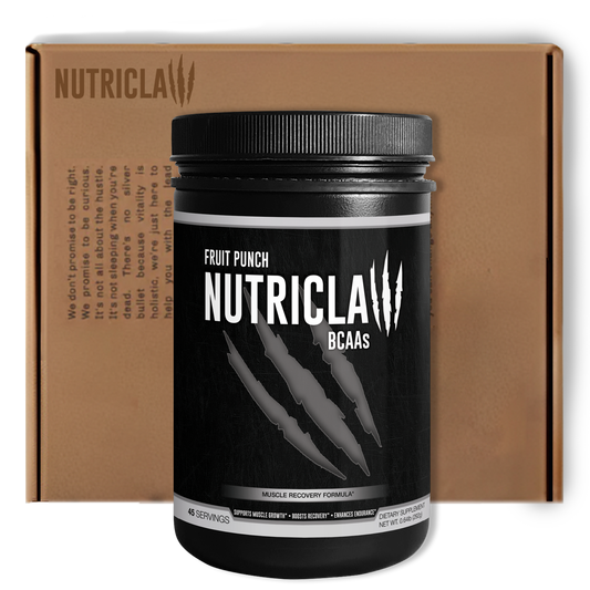 NutriClaw Fruit Punch BCAA supplement – 6.5g serving per scoop, featuring a 2:1:1 BCAA ratio and L-Glutamine for muscle recovery and endurance.