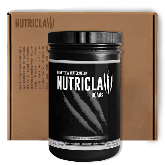 NutriClaw Honeydew Watermelon BCAA supplement – 6.5g serving per scoop, packed with BCAAs (2:1:1) and L-Glutamine for muscle recovery and endurance.