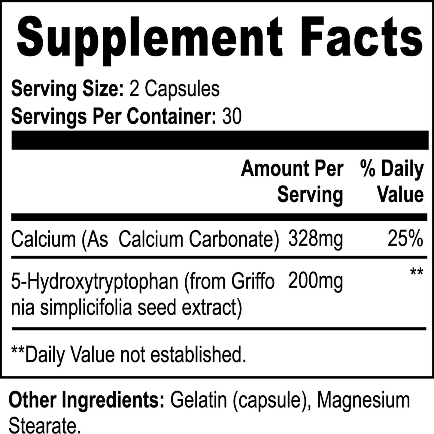 NutriClaw 5-HTP supplement ingredient list including 5-hydroxytryptophan, calcium carbonate, gelatin capsule, and magnesium stearate for optimal absorption