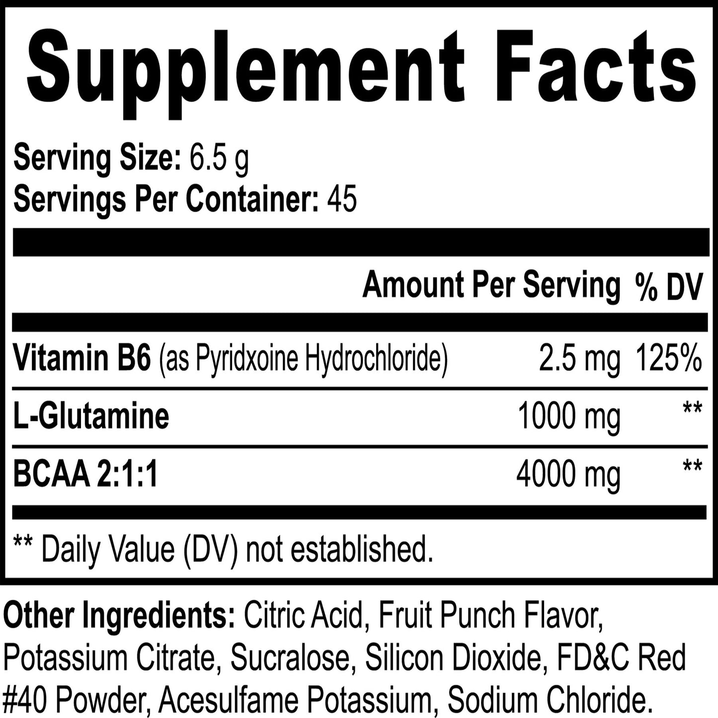 NutriClaw BCAA ingredient list – includes Vitamin B6, L-Glutamine, BCAAs (2:1:1), fruit punch flavor, and essential electrolytes for hydration and performance.