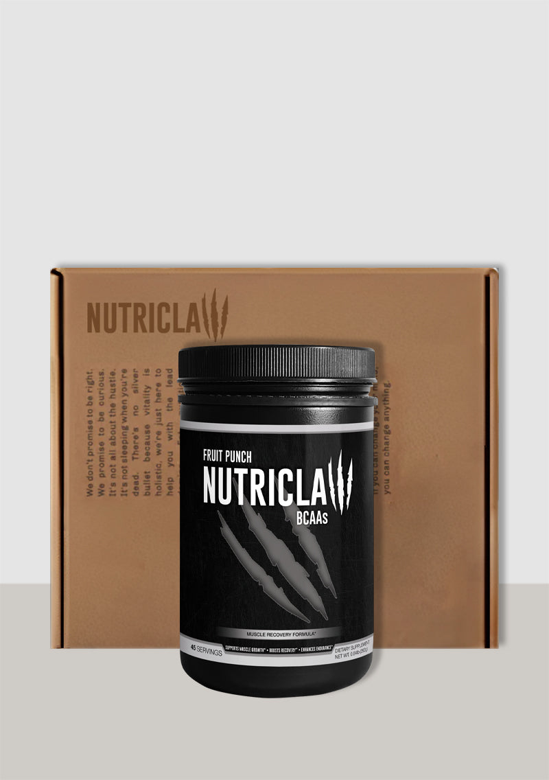 NutriClaw Fruit Punch BCAA supplement – 6.5g serving per scoop, featuring a 2:1:1 BCAA ratio and L-Glutamine for muscle recovery and endurance.