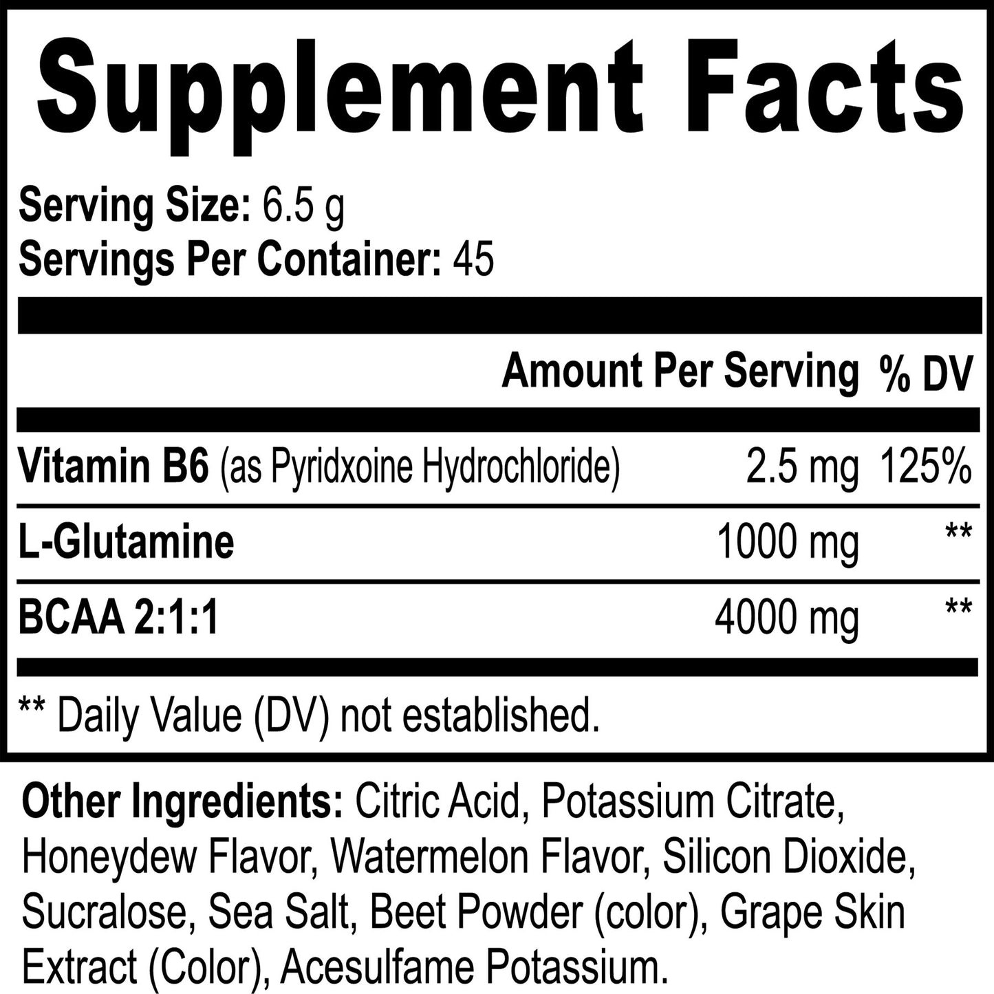 NutriClaw BCAA ingredient list – includes Vitamin B6, L-Glutamine, BCAAs (2:1:1), and natural flavors like honeydew and watermelon, plus essential electrolytes for hydration.