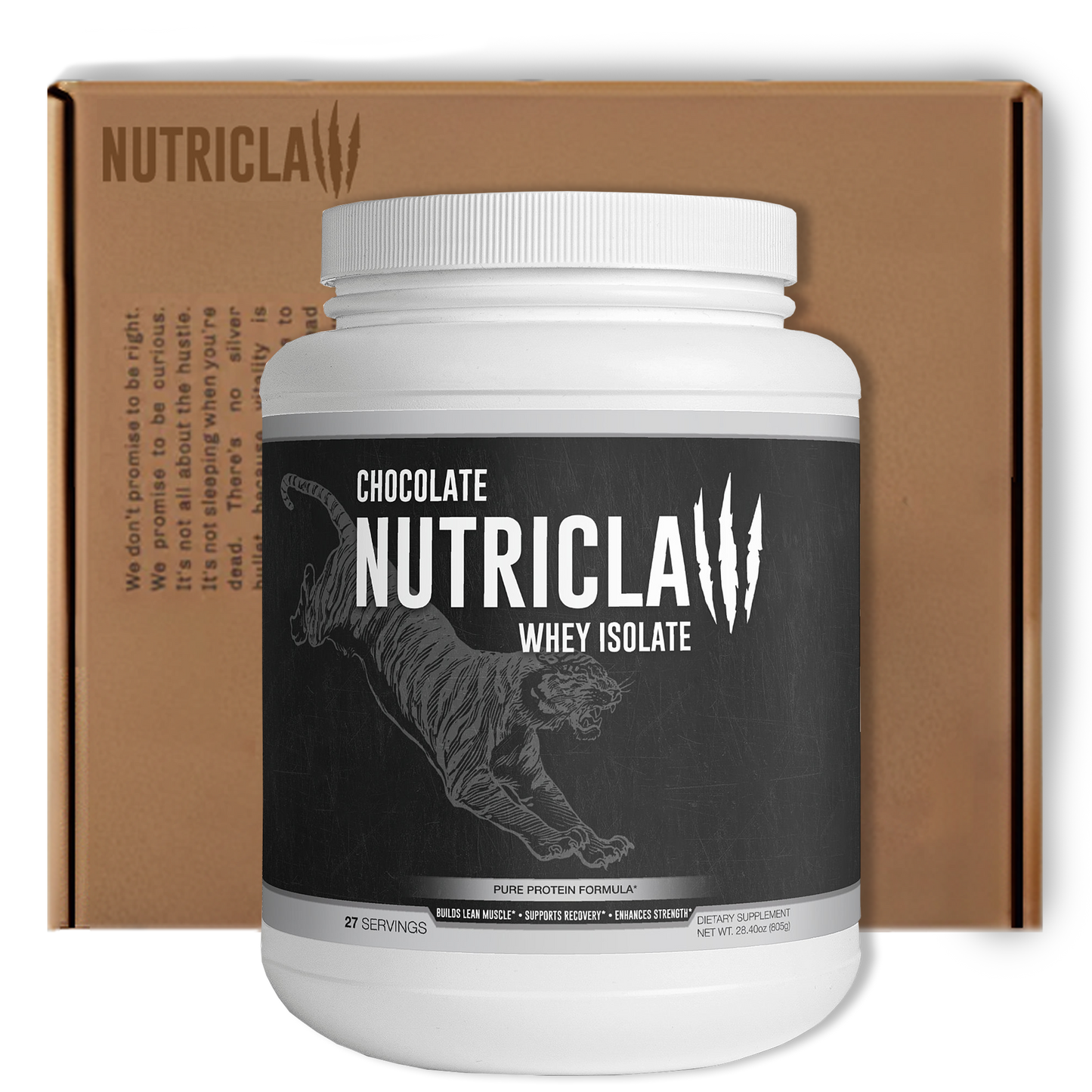 NutriClaw Chocolate Whey Isolate protein powder in a sleek container, showcasing its rich chocolate flavor and highlighting key benefits such as 27g of premium whey protein, muscle recovery, and a soy-free, gluten-free formula. NutriClaw Isolate whey, whey cocolate whey nutriclaw nutri claw whey isolate