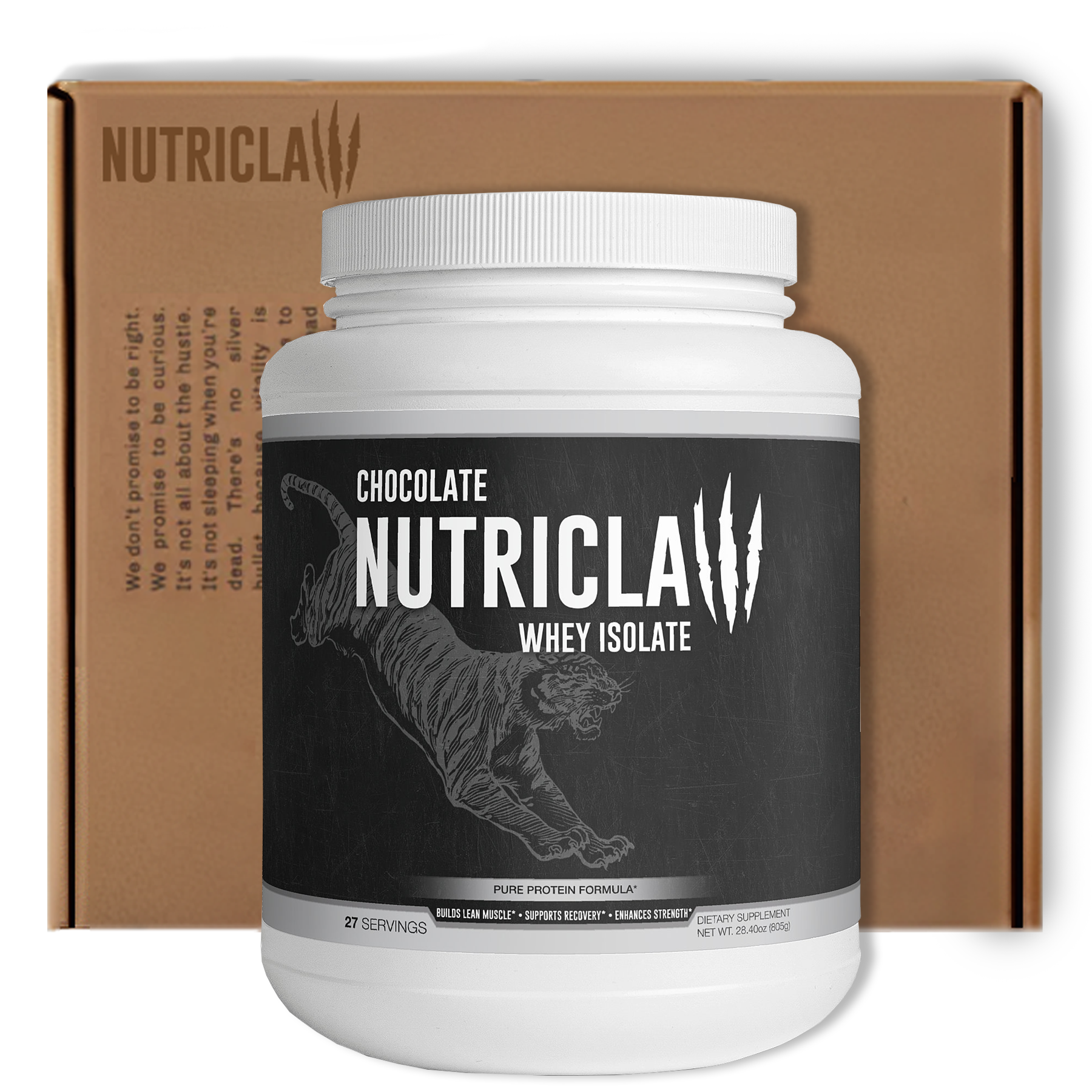 NutriClaw Chocolate Whey Isolate protein powder in a sleek container, showcasing its rich chocolate flavor and highlighting key benefits such as 27g of premium whey protein, muscle recovery, and a soy-free, gluten-free formula. NutriClaw Isolate whey, whey cocolate whey nutriclaw nutri claw whey isolate