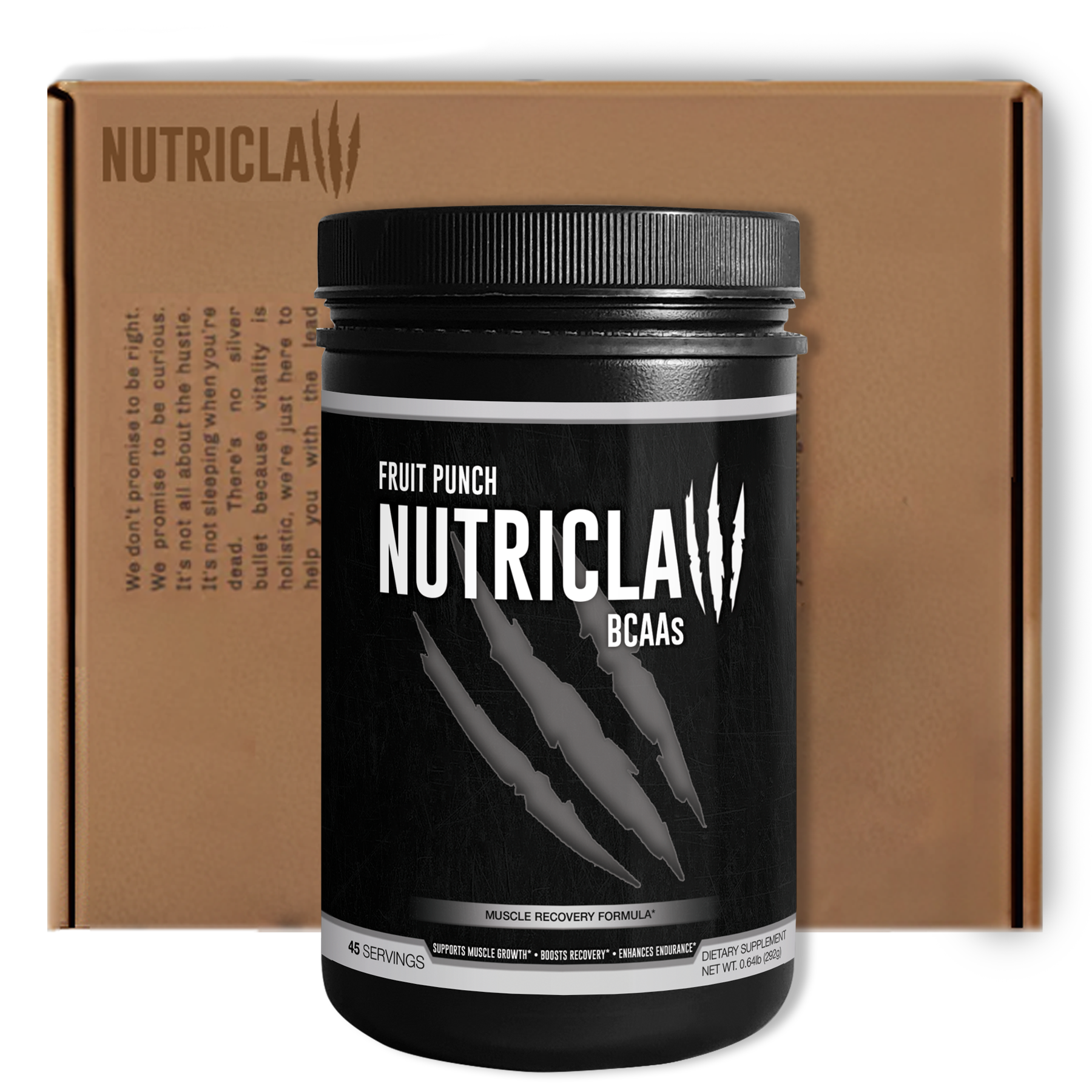NutriClaw Fruit Punch BCAA supplement – 6.5g serving per scoop, featuring a 2:1:1 BCAA ratio and L-Glutamine for muscle recovery and endurance.