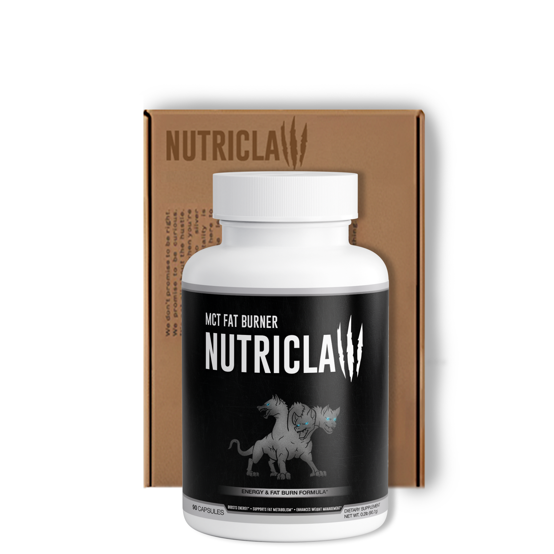NutriClaw MCT Fat Burner supplement bottle on a gym bench with workout equipment in the background