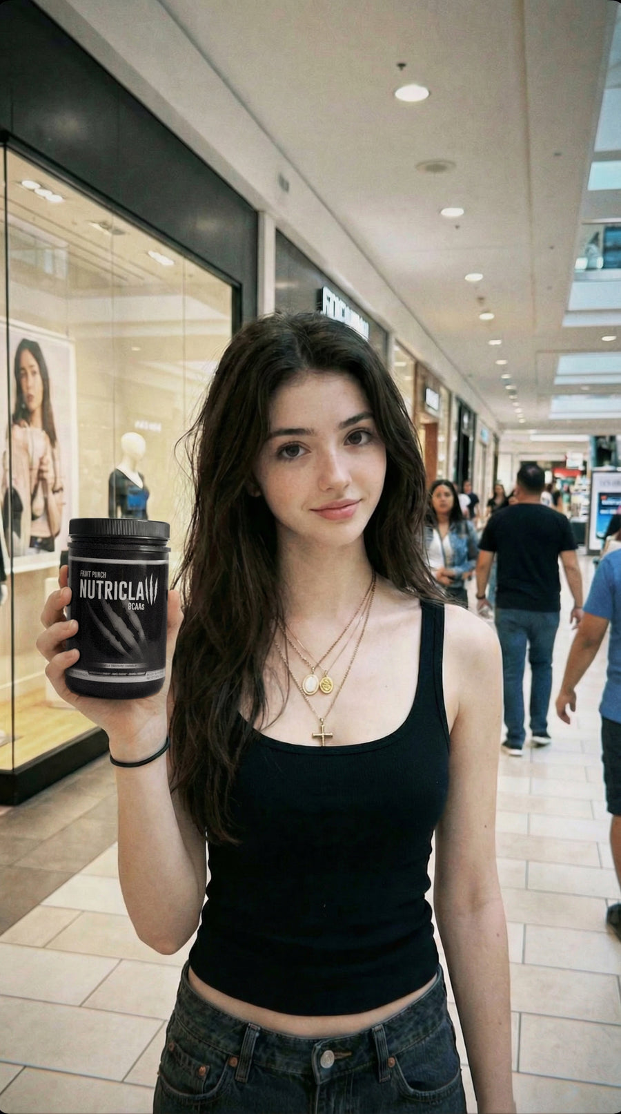 Woman holding a NutriClaw BCAAs supplement bottle