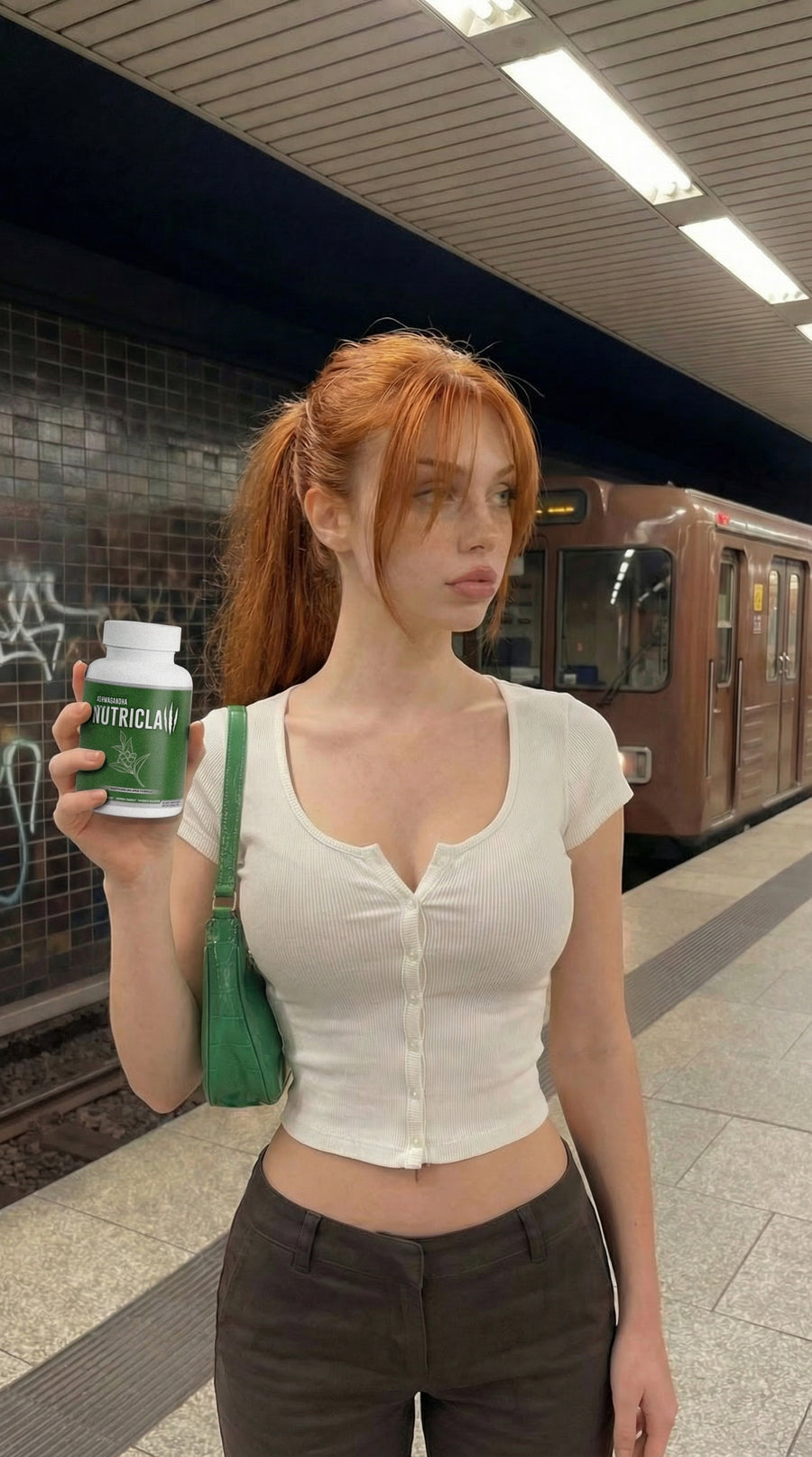 Woman holding a green Ashwagandha NutriClaw supplement bottle