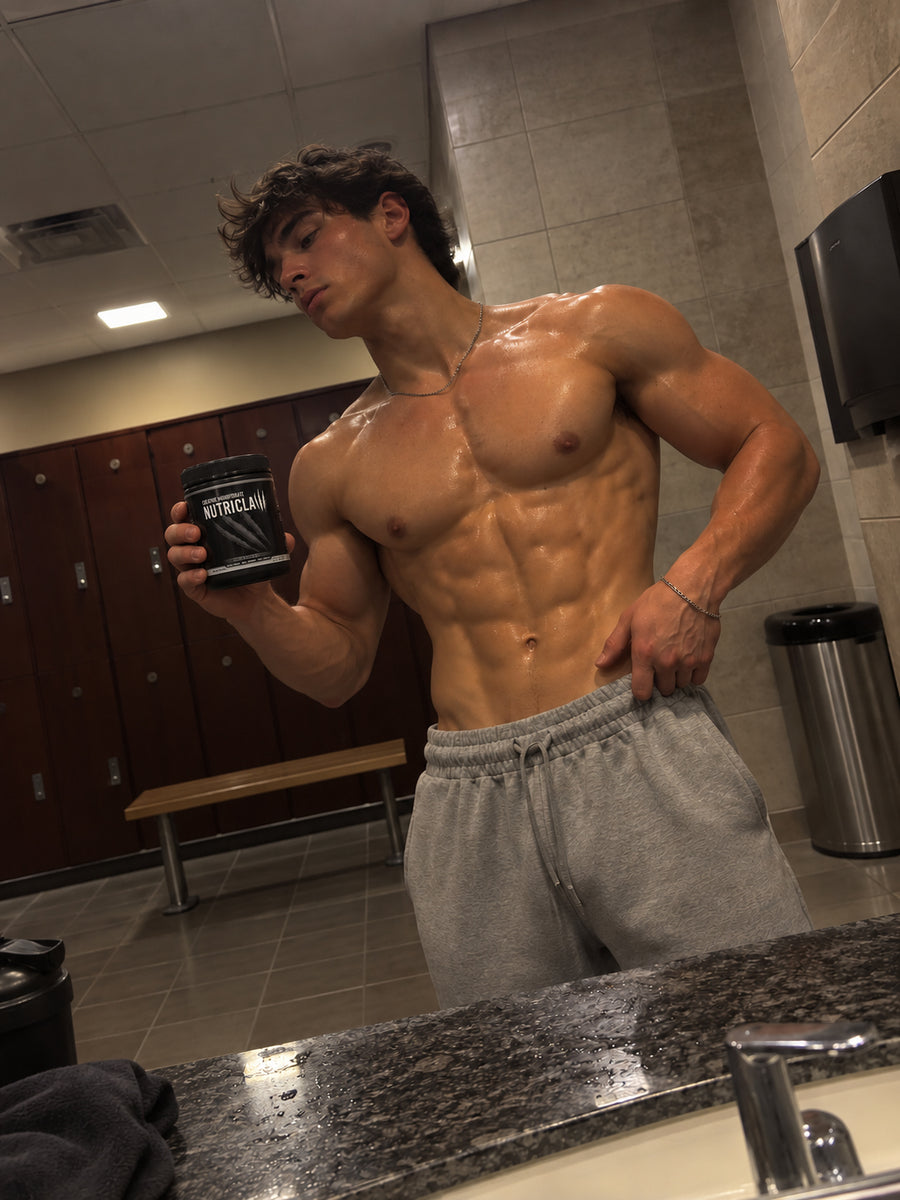 Athletic man holding a NutriClaw supplement container