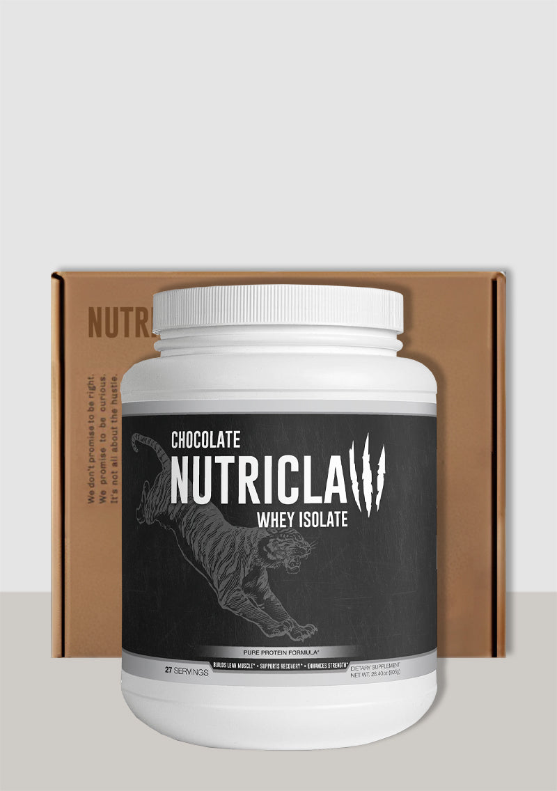 NutriClaw Chocolate Whey Isolate protein powder in a sleek container, showcasing its rich chocolate flavor and highlighting key benefits such as 27g of premium whey protein, muscle recovery, and a soy-free, gluten-free formula. NutriClaw Isolate whey, whey cocolate whey nutriclaw nutri claw whey isolate