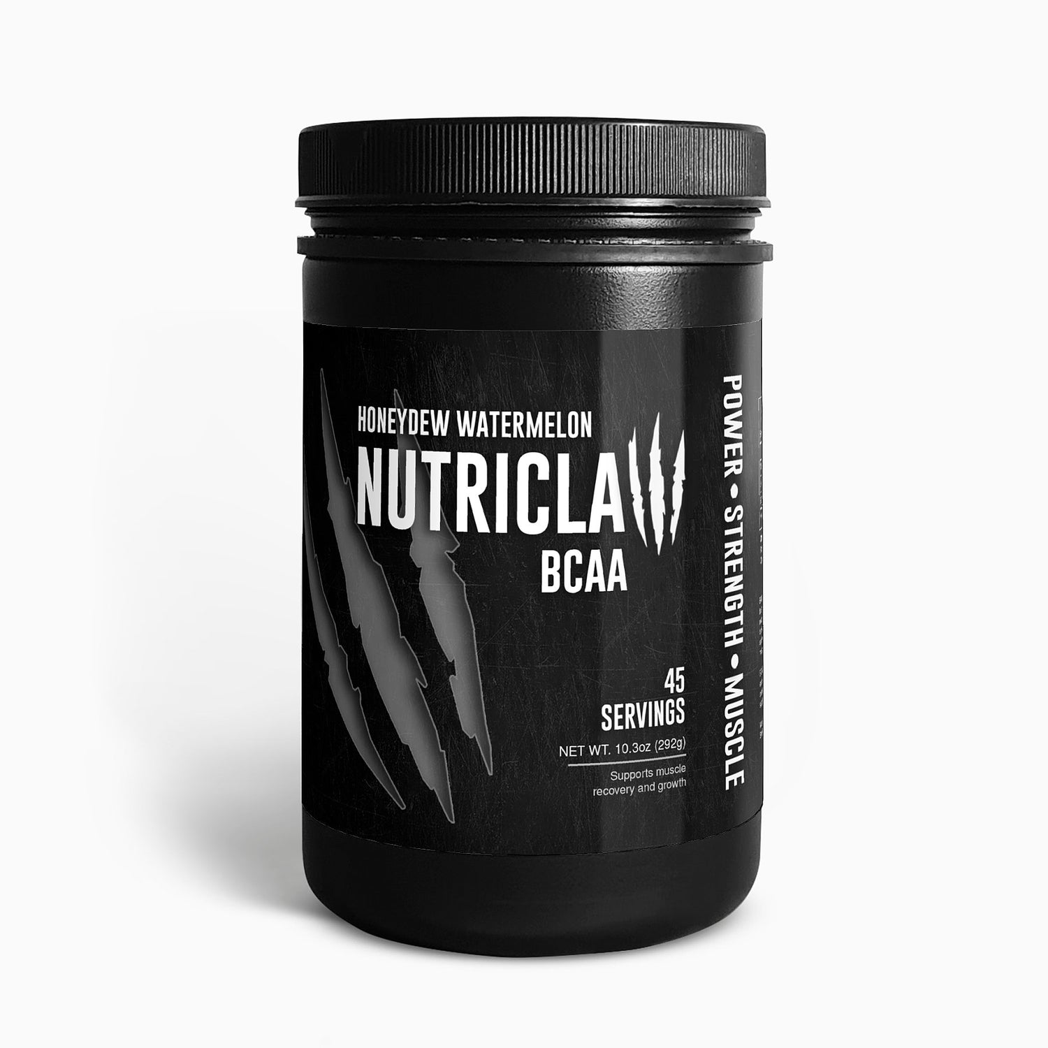 NutriClaww honewydew watermelon – A vibrant red supplement drink packed with branched-chain amino acids (BCAAs) to support muscle recovery and hydration. Bursting with a watermelon flavor, the packaging features an energetic design, emphasizing strength, endurance, and refreshment.