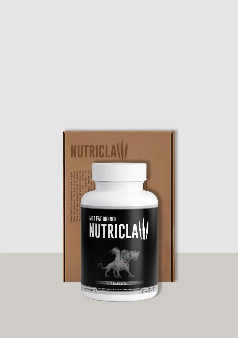 NutriClaw MCT Fat Burner supplement bottle on a gym bench with workout equipment in the background