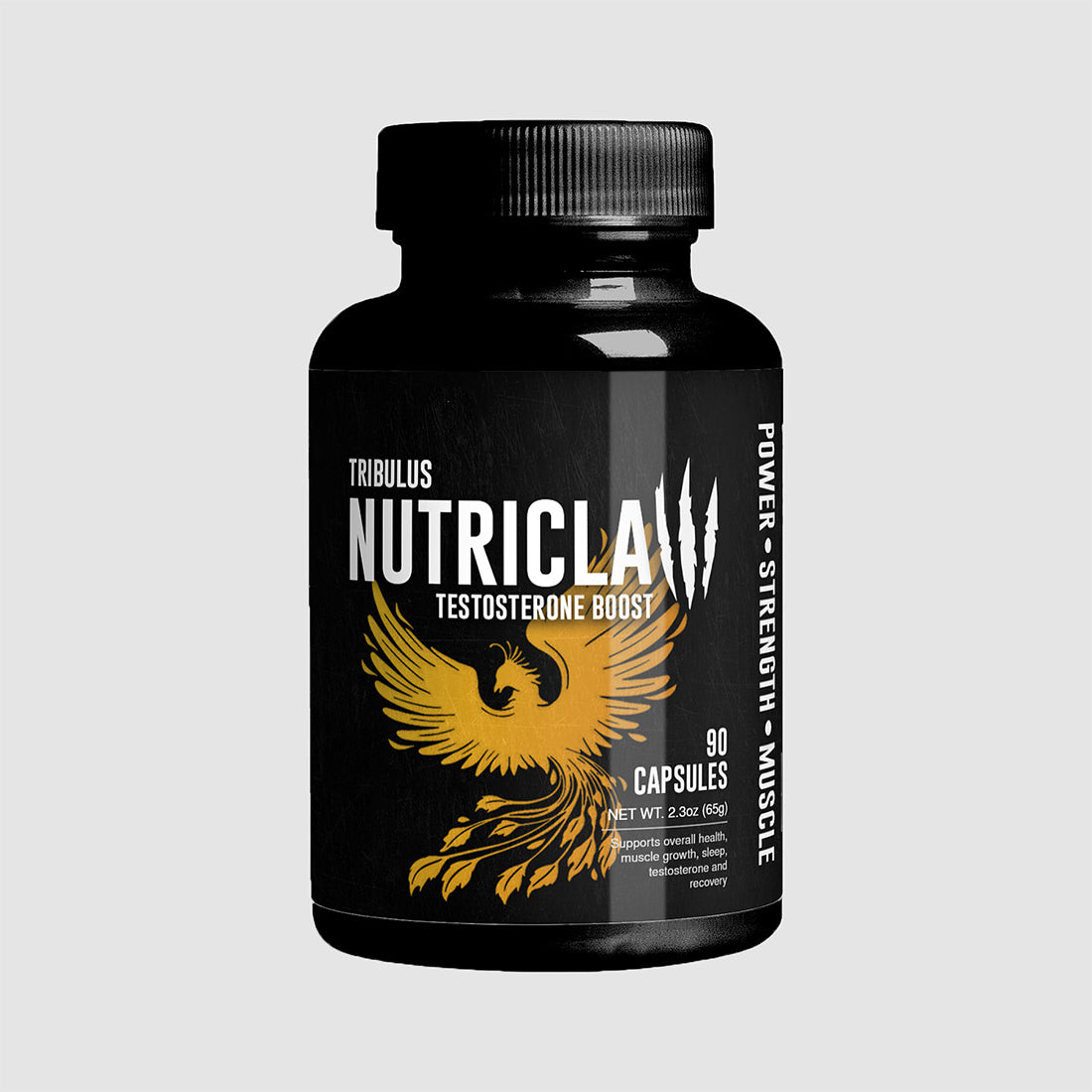 NutriClaw Tribulus Testosterone Booster bottle featuring a black and gold design with a phoenix emblem, emphasizing power, strength, and muscle growth. Contains 90 capsules for testosterone support.