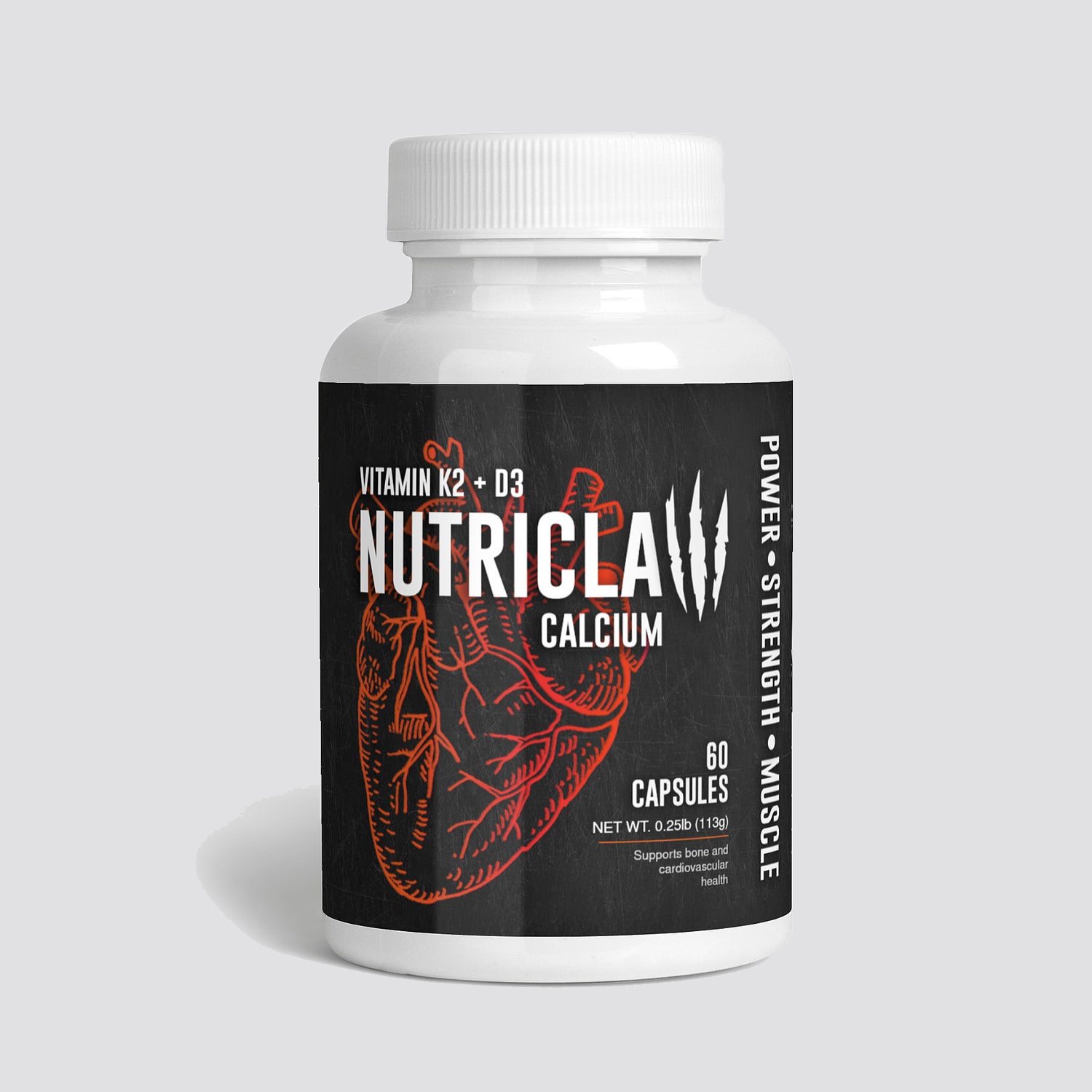 Image of NutriClaw Bone & Heart Support supplement bottle featuring a label that highlights its powerful blend of Calcium, Vitamin K2, and Vitamin D3 for enhanced bone density and cardiovascular wellness.